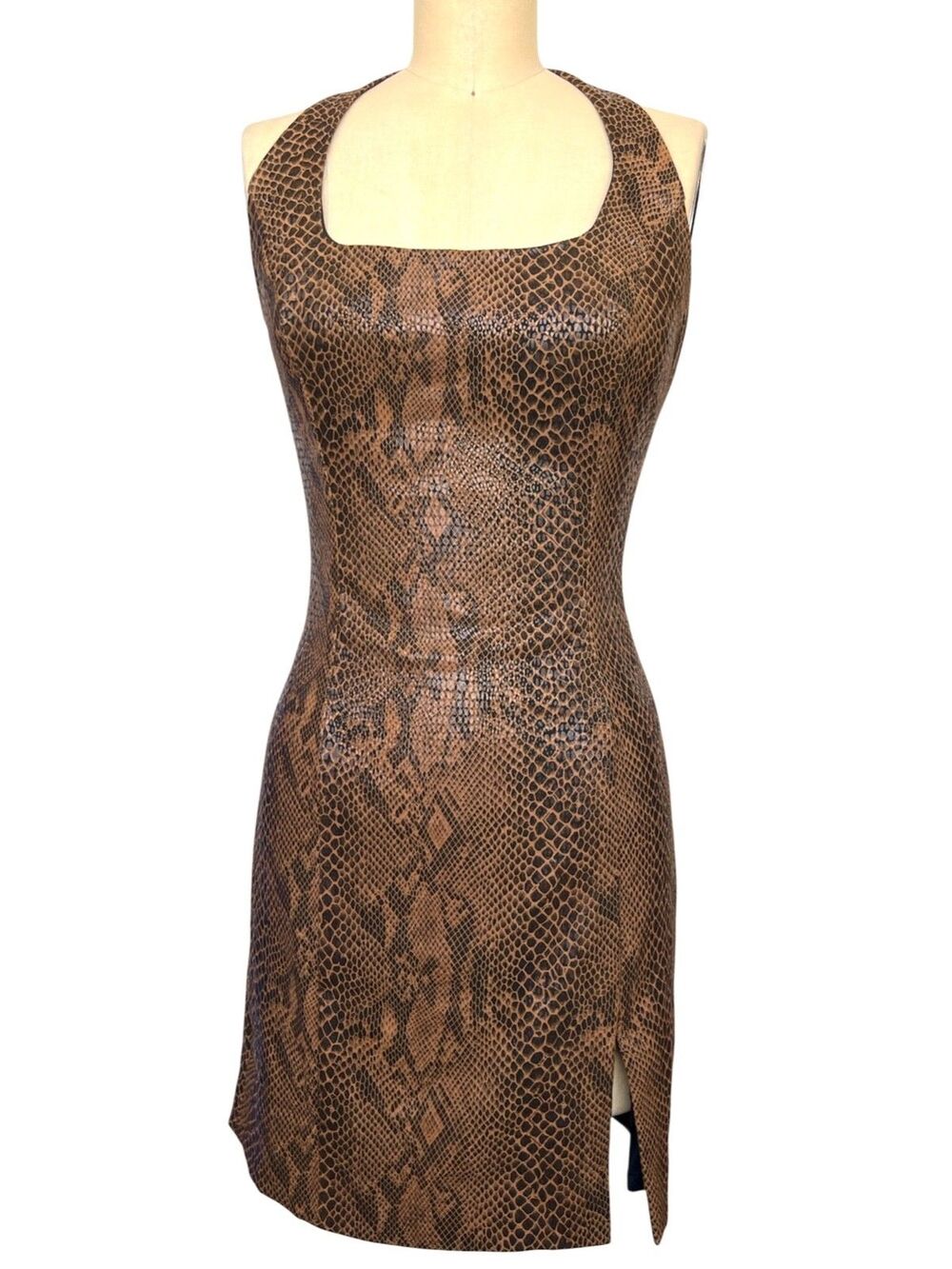 VTG Y2K Cache Halter Mini Dress XS S Snakeskin Print Bodycon Party Dress Slit
